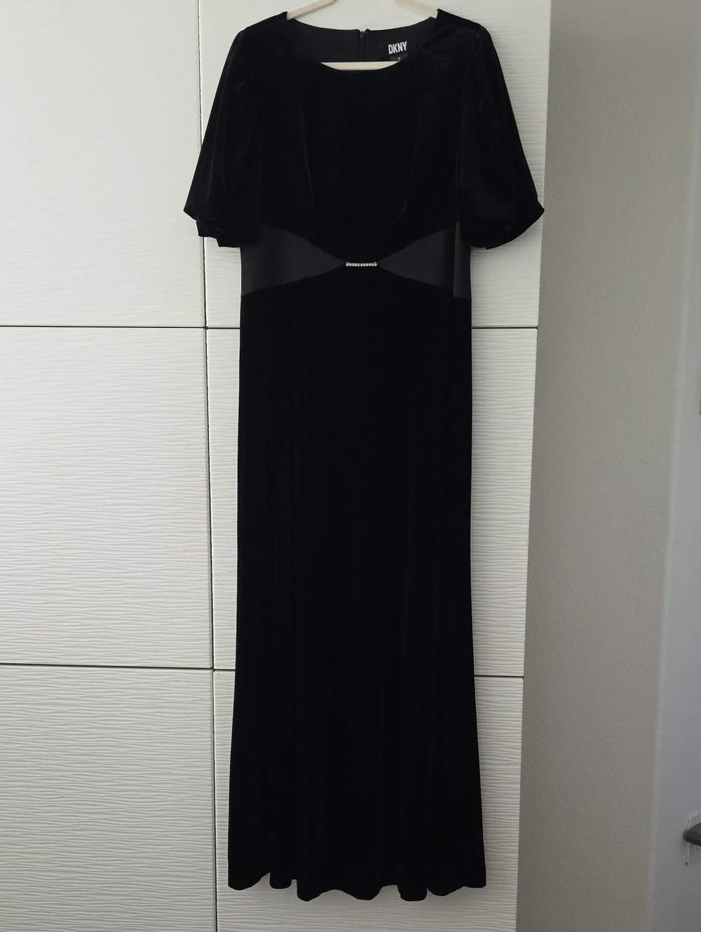 DKNY Black Velvet Maxi Dress with Satin Waist Accent